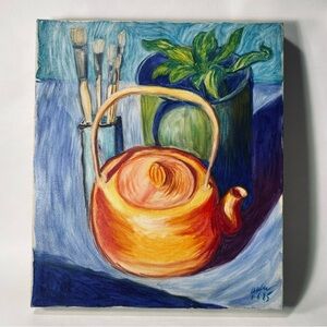 Signed 1985 Original Still-Life Painting on Canvas Teapot, Plant, and Paintbrush